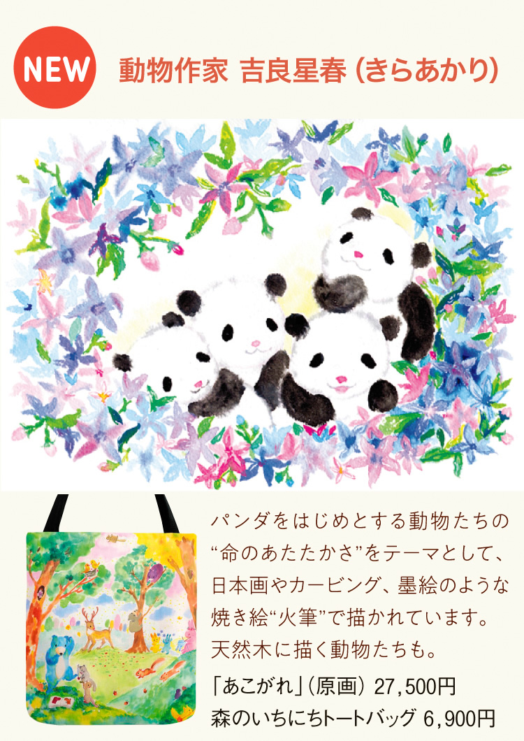 動物作家 吉良星春（きらあかり）｜パンダをはじめとする動物たちの“命のあたたかさ”をテーマとして、日本画やカービング、墨絵のような焼き絵“火筆”で描かれています。天然木に描く動物たちも。